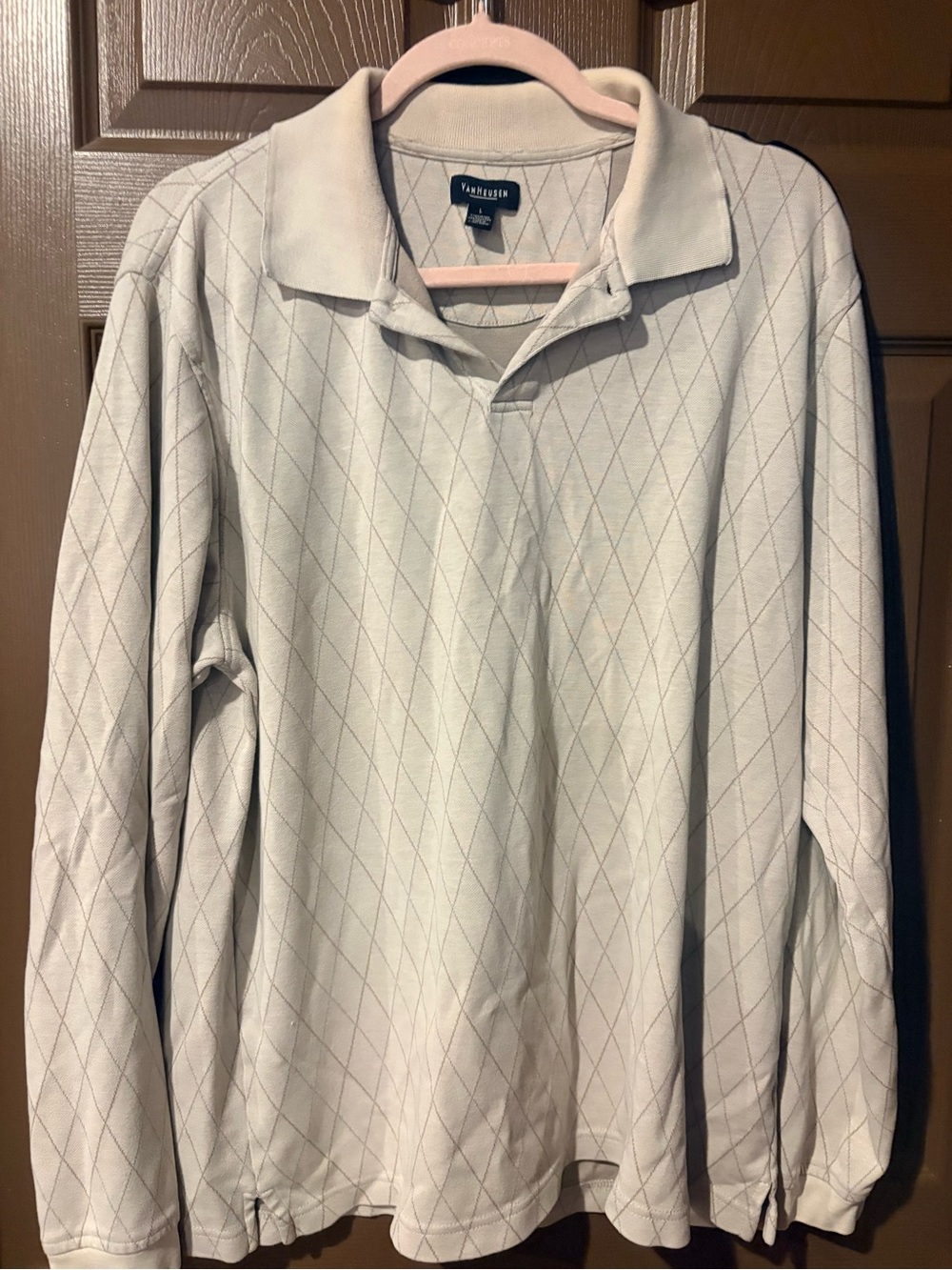 Van Heusen Men's Light Gray Diamond-Pattern Long Sleeve Polo